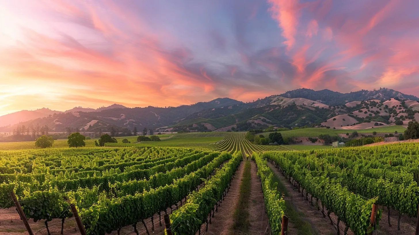Vineyard rows at sunset with hills in the distance in Sonoma County wine country