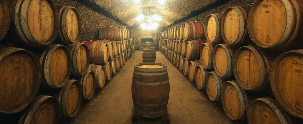 Oak barrels aging in a stone wine cellar